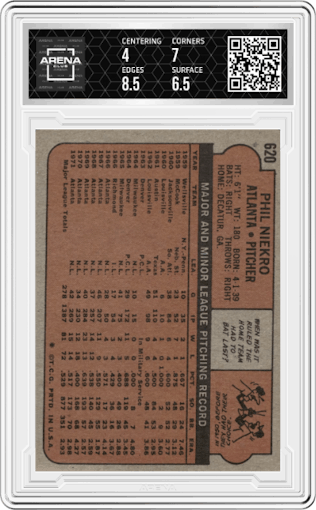 Phil Niekro from the 1972 Topps set graded by Arena Club and given an overall grade of 4.5.