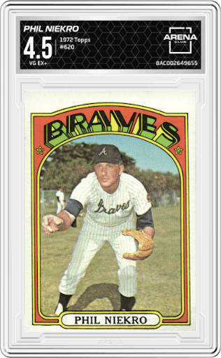 Phil Niekro from the 1972 Topps set graded by Arena Club and given an overall grade of 4.5.