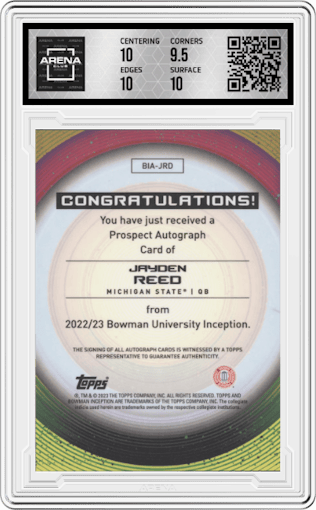 Jayden Reed from the 2022-23 Bowman University Inception set graded by Arena Club and given an overall grade of 10.