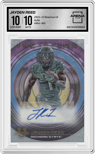 Jayden Reed from the 2022-23 Bowman University Inception set graded by Arena Club and given an overall grade of 10.