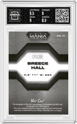 Breece Hall from the 2022 Wild Card Auto Mania American set featuring a Hex Mod.Flag CR Holographic parallel graded by Arena Club and given an overall grade of 9.
