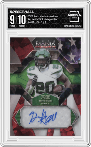 Breece Hall from the 2022 Wild Card Auto Mania American set featuring a Hex Mod.Flag CR Holographic parallel graded by Arena Club and given an overall grade of 9.