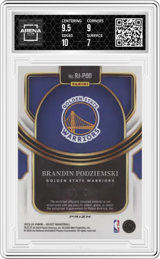  Brandin Podziemski  from the 2023-24 Panini Select  set featuring a Blue Prizm parallel graded by Arena Club and given an overall grade of 7.5.