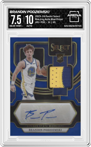  Brandin Podziemski  from the 2023-24 Panini Select  set featuring a Blue Prizm parallel graded by Arena Club and given an overall grade of 7.5.