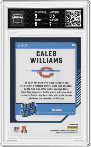 Caleb Williams from the 2024 Donruss Optic set featuring a Purple Shock parallel graded by Arena Club and given an overall grade of 7.5.