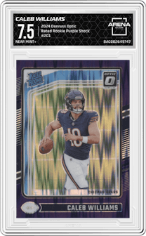 Caleb Williams from the 2024 Donruss Optic set featuring a Purple Shock parallel graded by Arena Club and given an overall grade of 7.5.