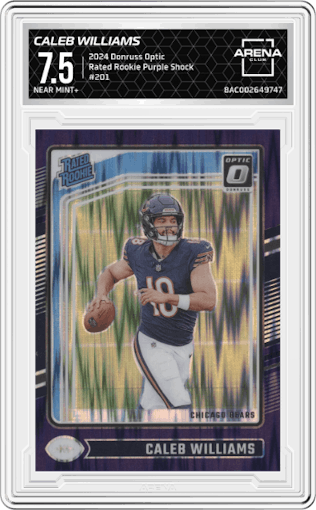 Caleb Williams from the 2024 Donruss Optic set featuring a Purple Shock parallel graded by Arena Club and given an overall grade of 7.5.