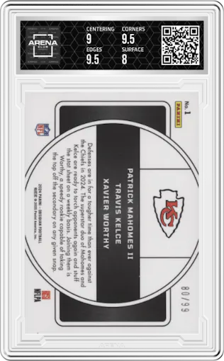 Patrick Mahomes II/Travis Kelce/Xavier Worthy from the 2024 Panini Obsidian set featuring a Silver parallel graded by Arena Club and given an overall grade of 8.5.