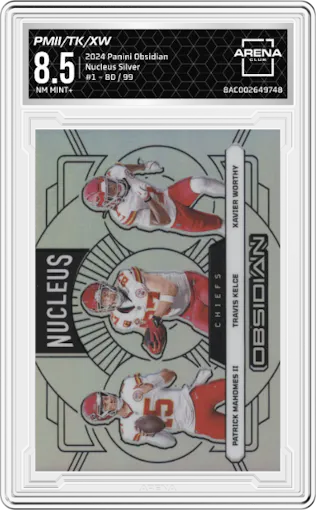 Patrick Mahomes II/Travis Kelce/Xavier Worthy from the 2024 Panini Obsidian set featuring a Silver parallel graded by Arena Club and given an overall grade of 8.5.