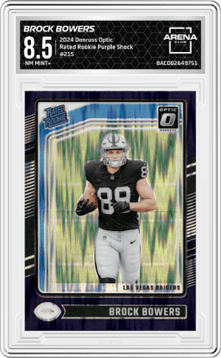 Brock Bowers from the 2024 Donruss Optic set featuring a Purple Shock parallel graded by Arena Club and given an overall grade of 8.5.