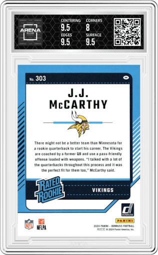 J.J. McCarthy from the 2024 Donruss set featuring a Press Proof Purple parallel graded by Arena Club and given an overall grade of 8.5.