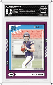 J.J. McCarthy from the 2024 Donruss set featuring a Press Proof Purple parallel graded by Arena Club and given an overall grade of 8.5.