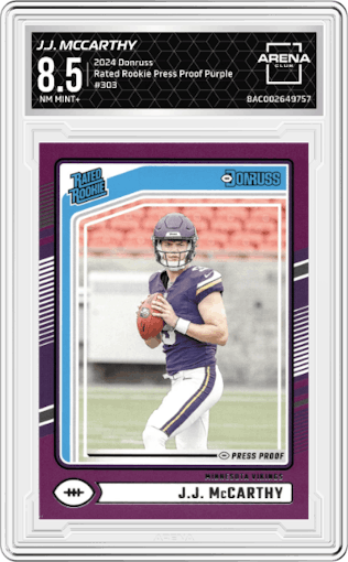 J.J. McCarthy from the 2024 Donruss set featuring a Press Proof Purple parallel graded by Arena Club and given an overall grade of 8.5.