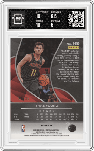 Trae Young from the 2021-22 Panini Spectra set featuring a  Astral  parallel graded by Arena Club and given an overall grade of 6.5.