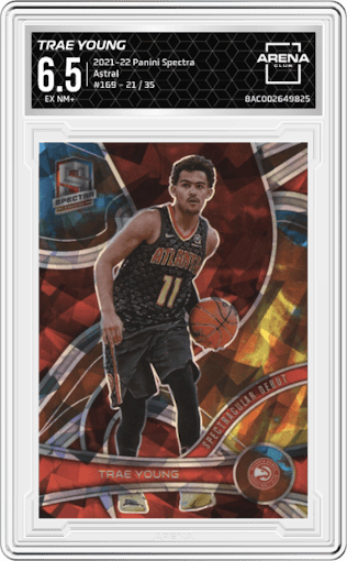 Trae Young from the 2021-22 Panini Spectra set featuring a  Astral  parallel graded by Arena Club and given an overall grade of 6.5.