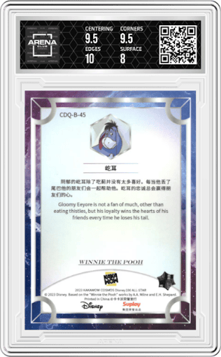 Eeyore from the 2023 Kakawow Cosmos Disney 100 set graded by Arena Club and given an overall grade of 8.5.