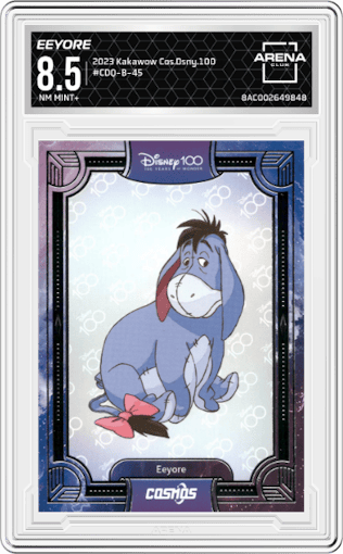 Eeyore from the 2023 Kakawow Cosmos Disney 100 set graded by Arena Club and given an overall grade of 8.5.