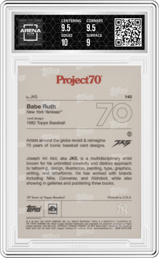 Babe Ruth from the 2021-22 Topps Project70 set graded by Arena Club and given an overall grade of 9.5.