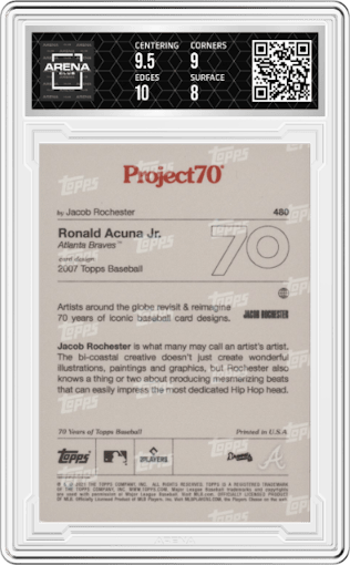 Ronald Acuna Jr. from the 2021-22 Topps Project70 set graded by Arena Club and given an overall grade of 8.5.