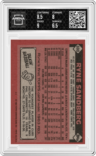 Ryne Sandberg from the 1986 Topps set graded by Arena Club and given an overall grade of 7.