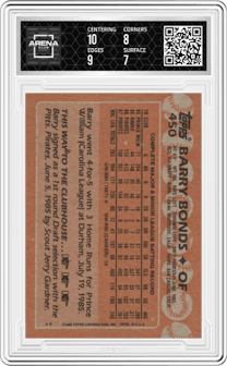 Barry Bonds from the 1988 Topps set graded by Arena Club and given an overall grade of 7.5.
