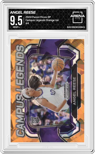 Angel Reese from the 2024 Panini Prizm Draft Picks set featuring a Orange Ice parallel graded by Arena Club and given an overall grade of 9.5.