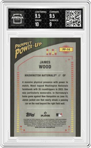 James Wood from the 2024 Bowman set graded by Arena Club and given an overall grade of 9.5.
