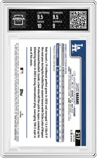 Roki Sasaki from the 2025 Topps Chrome set featuring a X-Fractor parallel graded by Arena Club and given an overall grade of 9.5.
