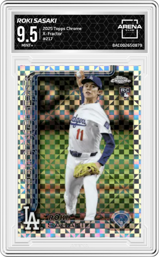 Roki Sasaki from the 2025 Topps Chrome set featuring a X-Fractor parallel graded by Arena Club and given an overall grade of 9.5.