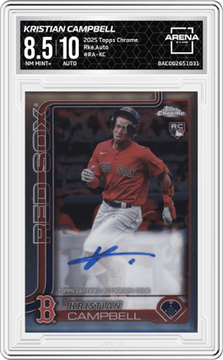 Kristian Campbell from the 2025 Topps Chrome set graded by Arena Club and given an overall grade of 8.5.