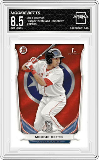 Mookie Betts from the 2014 Bowman set featuring a State And Hometown parallel graded by Arena Club and given an overall grade of 8.5.