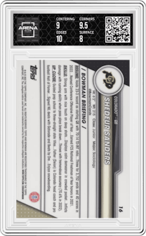 Shedeur Sanders from the 2023 Bowman Chrome University set featuring a Pink Refractor parallel graded by Arena Club and given an overall grade of 8.5.