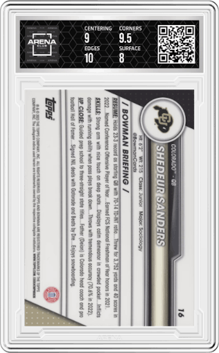 Shedeur Sanders from the 2023 Bowman Chrome University set featuring a Pink Refractor parallel graded by Arena Club and given an overall grade of 8.5.