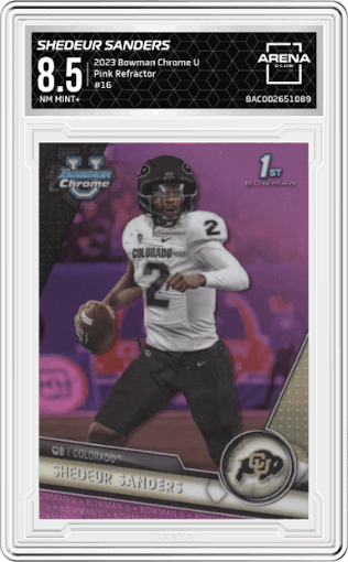 Shedeur Sanders from the 2023 Bowman Chrome University set featuring a Pink Refractor parallel graded by Arena Club and given an overall grade of 8.5.