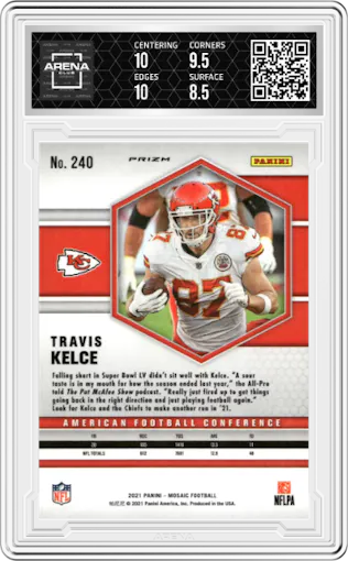 Travis Kelce from the 2021 Panini Mosaic set featuring a Reactive Blue parallel graded by Arena Club and given an overall grade of 9.