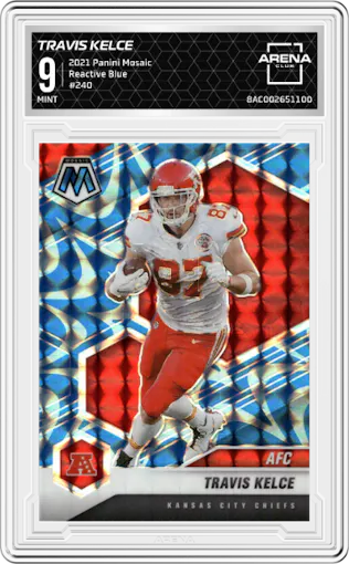 Travis Kelce from the 2021 Panini Mosaic set featuring a Reactive Blue parallel graded by Arena Club and given an overall grade of 9.