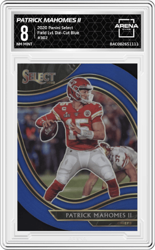 Patrick Mahomes II from the 2020 Panini Select set featuring a Die-Cut Blue parallel graded by Arena Club and given an overall grade of 8.