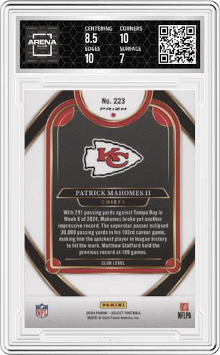 Patrick Mahomes II from the 2024 Panini Select set featuring a Red & Yellow Shock parallel graded by Arena Club and given an overall grade of 7.5.