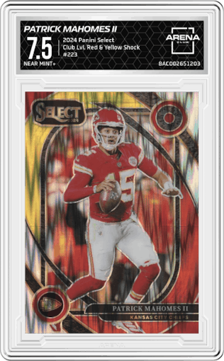 Patrick Mahomes II from the 2024 Panini Select set featuring a Red & Yellow Shock parallel graded by Arena Club and given an overall grade of 7.5.