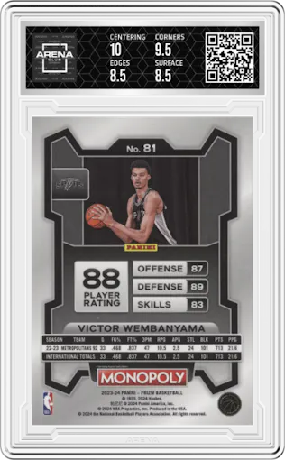 Victor Wembanyama from the 2023-24 Panini Prizm Monopoly set graded by Arena Club and given an overall grade of 9.