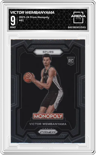 Victor Wembanyama from the 2023-24 Panini Prizm Monopoly set graded by Arena Club and given an overall grade of 9.