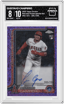Gustavo Campero from the 2025 Topps Chrome set featuring a Purple Speckle Refractors parallel graded by Arena Club and given an overall grade of 8.