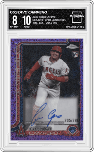 Gustavo Campero from the 2025 Topps Chrome set featuring a Purple Speckle Refractors parallel graded by Arena Club and given an overall grade of 8.