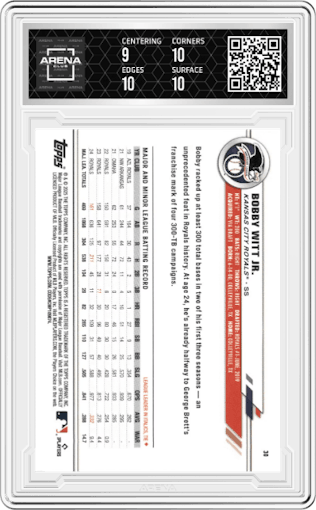 Bobby Witt Jr. from the 2025 Topps All Star Game set featuring a Pink Foil parallel graded by Arena Club and given an overall grade of 9.5.