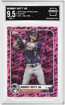 Bobby Witt Jr. from the 2025 Topps All Star Game set featuring a Pink Foil parallel graded by Arena Club and given an overall grade of 9.5.