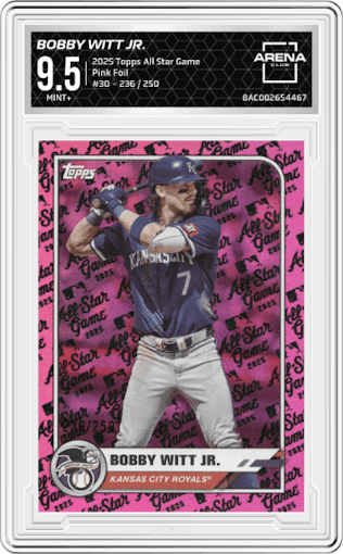 Bobby Witt Jr. from the 2025 Topps All Star Game set featuring a Pink Foil parallel graded by Arena Club and given an overall grade of 9.5.