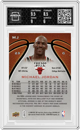 Michael Jordan from the 2008-09 Topps/Upper Deck Starting Five set graded by Arena Club and given an overall grade of 6.5.