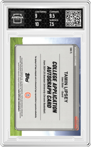 Tamin Lipsey from the 2024-25 Bowman University Chrome set graded by Arena Club and given an overall grade of 8.
