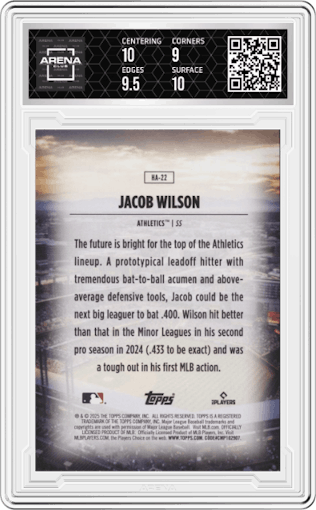 Jacob Wilson from the 2025 Topps set graded by Arena Club and given an overall grade of 9.5.