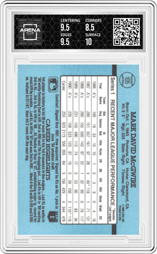 Mark McGwire from the 1991 Donruss set graded by Arena Club and given an overall grade of 9.